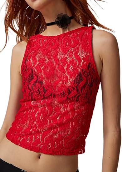Women Sleeveless Sheer Lace Mesh Crop Top Sexy See Through Ruched Tank Shirt Y2k Floral Lace Tops, Color: D 77 Red, M