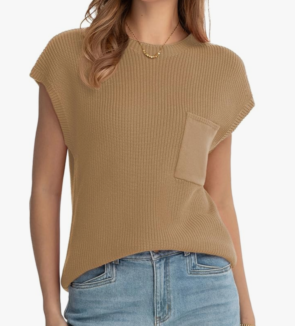 QUALFORT Women's 100% Cotton Short Sleeve Sweater Lightweight Ribbed Knit Office Layering Pullover Crewneck Work Casual Top, Khaki,  L