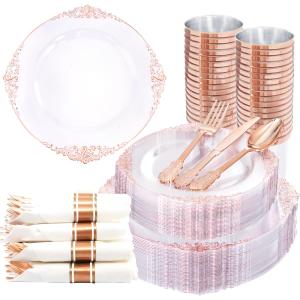 Nervure 350PCS Rose Gold Plastic Plates - Rose Gold Plastic Dinnerware Sets for 50 Guests - 100 Disposable Plates, 150 Silverware, 50 Cups, 50 Napkins for Wedding & Party & Mother's Day