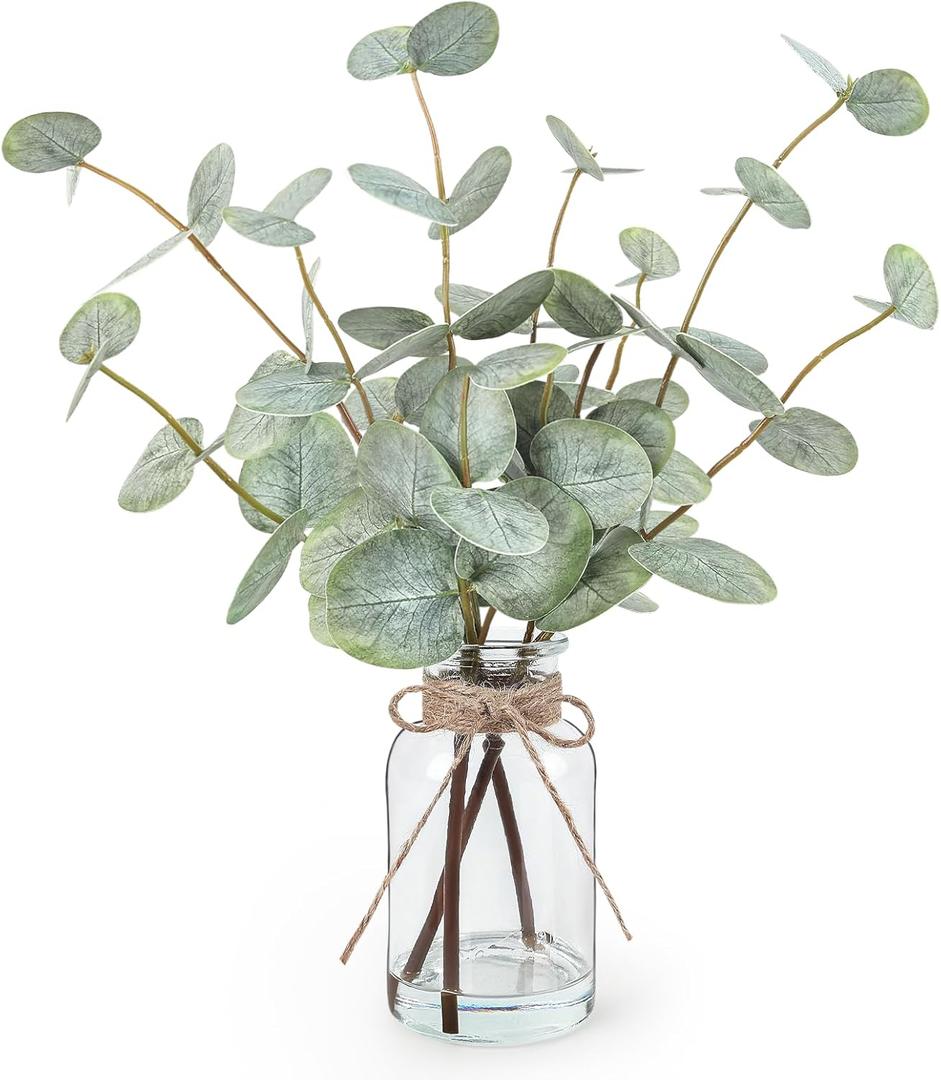 Bessol Artificial Eucalyptus Stems in Glass Vase with Faux Water, 13.5 Fake Plants for Home Decor, Coffee Table Centerpieces, Office, Bathroom & Farmhouse Weddings - Faux Greenery Plants Decorations