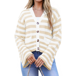 Saodimallsu Womens Striped Cardigan Sweaters Cropped Fall Button Open Front Long Sleeve Knit Sweater Coat with Pockets (XXL, Apricot)