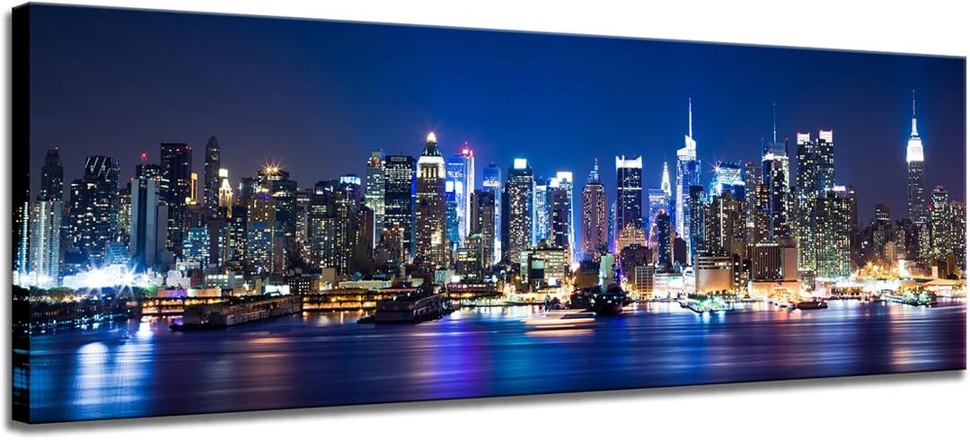 Biuteawal New York Wall Art Living Room Decor Beautiful Manhattan City Skyline Night Light Photo Poster Prints on Canvas Blue Cityscape Picture for Home Office Bedroom Decoration Ready to Hang