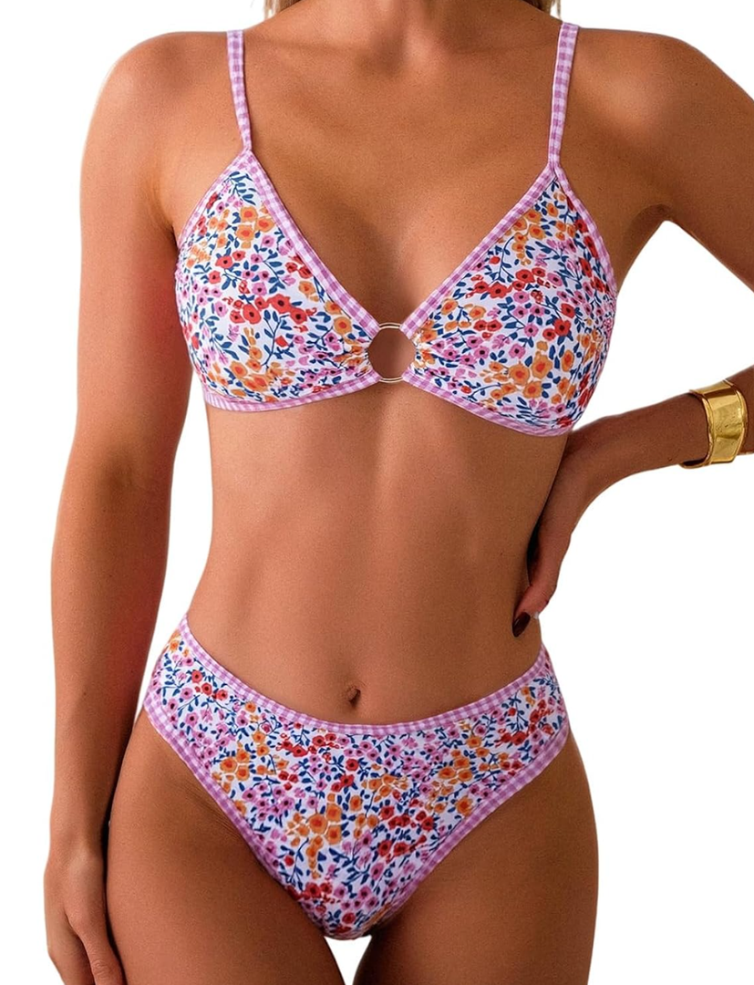 Tainehs Women's Two Piece Bikini Sets O Ring Front Top Ditsy Floral Triangle Swimsuits Cheeky Bathing Suit, M