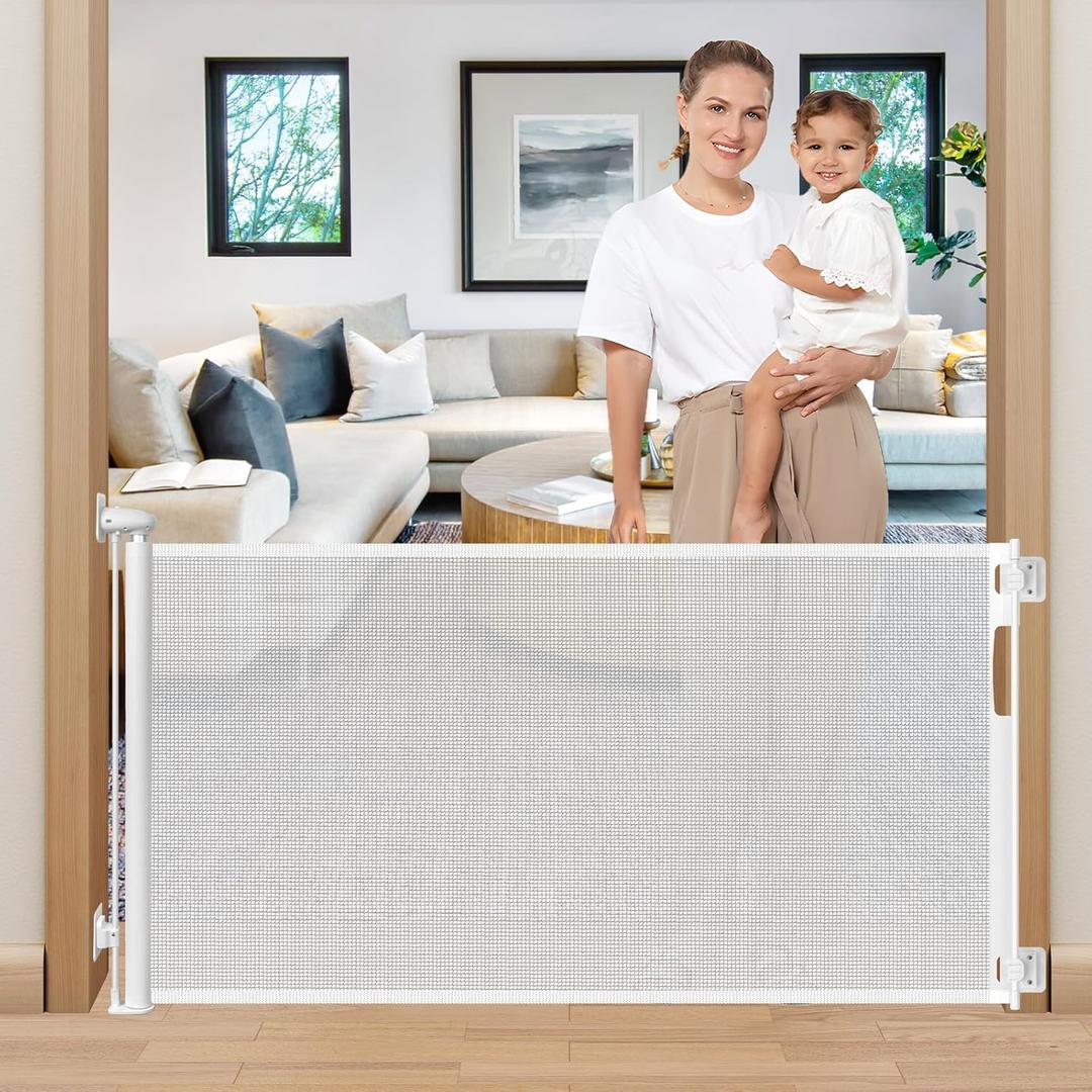 Punch Free Retractable Baby Gates, 60" Wide No Drill Dog Gate for Stairs, 5ft Baby Gate Retractable Dog Gates for Doorways No Drilling, Retractable Pet Gates for Doorways No Drilling Mesh Gate, White