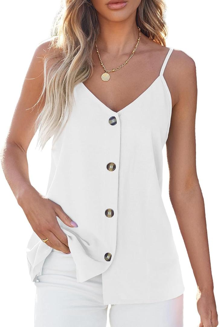 BLENCOT Women Summer Tank Tops Casual V Neck Strappy Loose Beach Sleeveless Shirts Blouses (Medium, White)