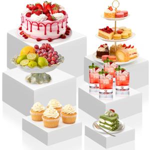 Hacaroa 6 Pcs Buffet Risers, Food Risers Dessert Cupcake Stand for Buffet Table, White Acrylic Cube Boxes for Party, Catering, Jewelry, Collectibles, Hollow Bottom, 6 Sizes (10", 9", 8", 7.5", 6.7", 6")