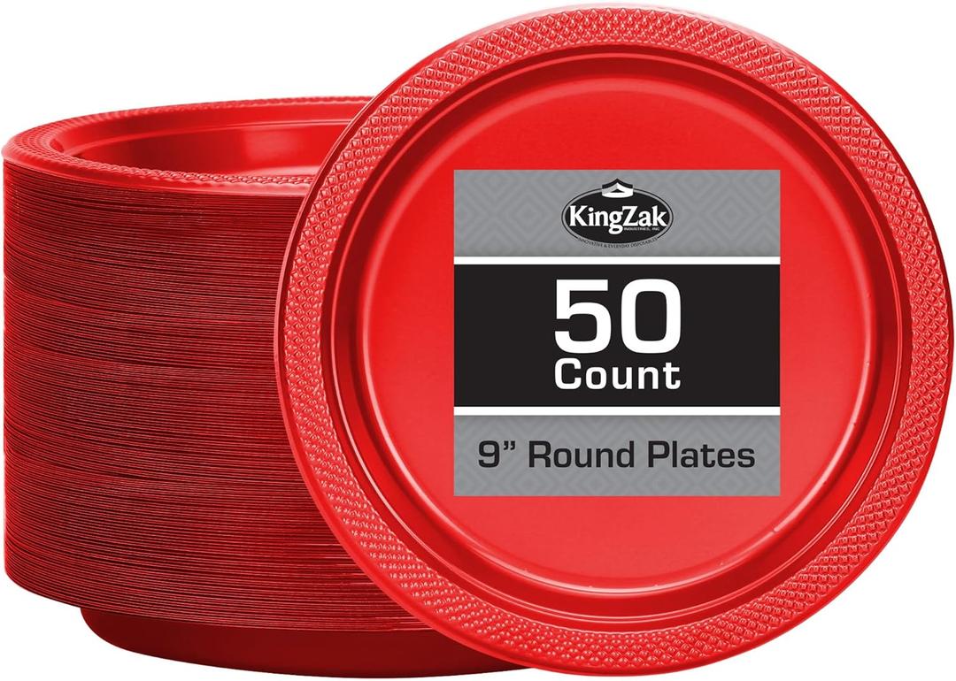 Hanna K. Signature Collection Red Plastic Plates, 9Inch Round, 50Count  Disposable HeavyDuty Dinner Party Plates for Weddings, BBQs & Birthdays