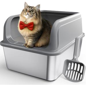 Stainless Steel Cat Litter Box, Metal Kitty Litter Box with Scoop, Anti-Leakage Top Entry, Non-Sticky, Easy to Clean, Grey, S (1 Pack)