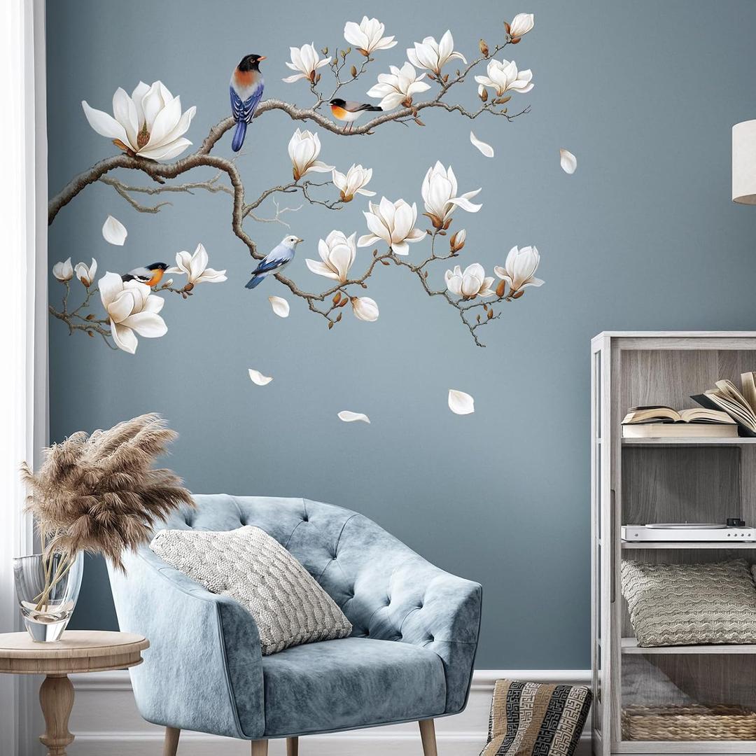 SHUCHING White Magnolia Tree Wall Decals Peel and Stick, Trees Flowers Wall Decor Stickers, White Branches Corner Wall Art(Left)