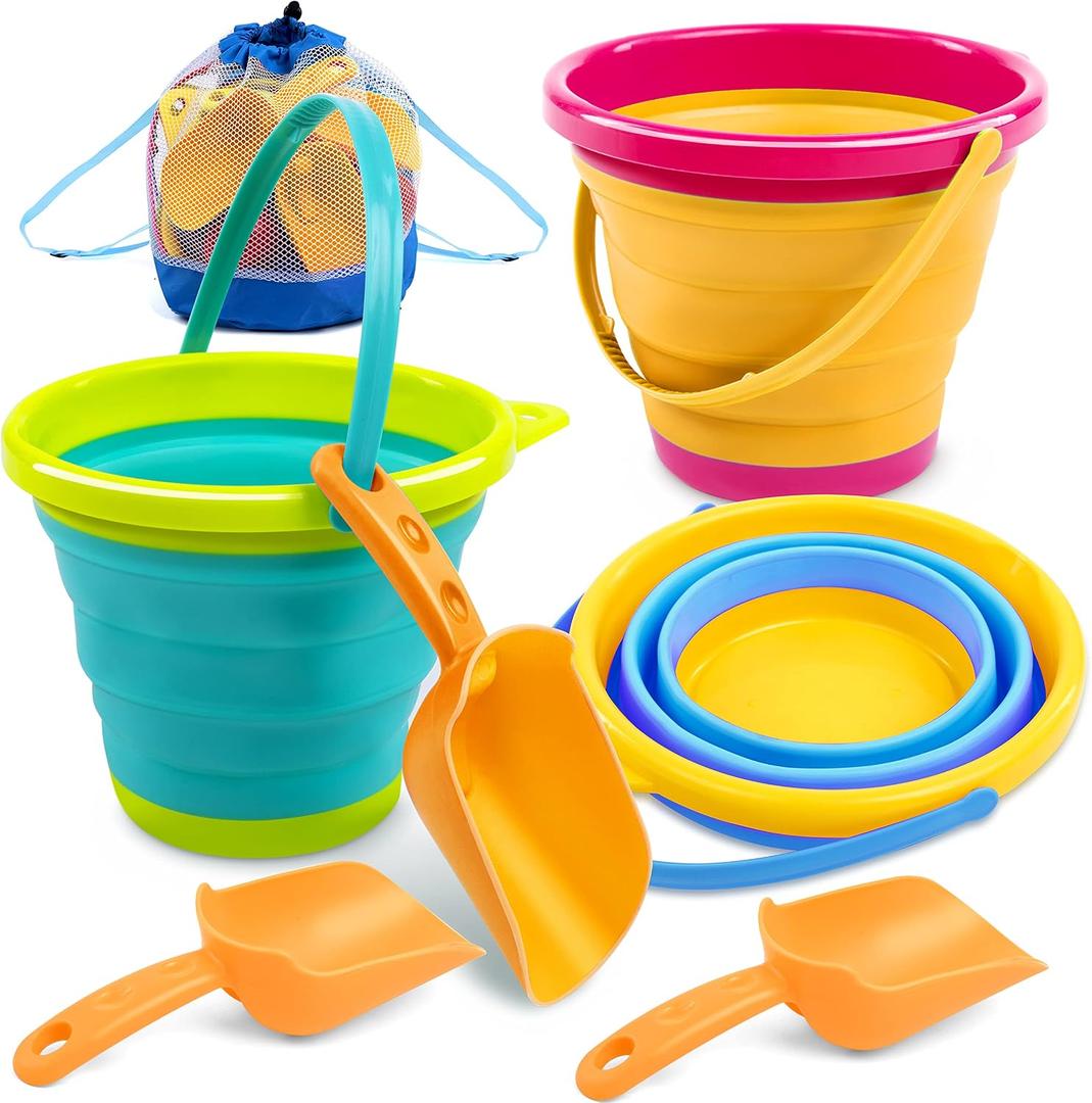 JOYIN 3 Packs Foldable Pail Bucket with Shovels & Mesh Bag, Collapsible Buckets Multi Purpose for Beach, Camping Gear, Beach Party, Fishing, and Fun Summer Activities (Yellow/Blue/Green), Large