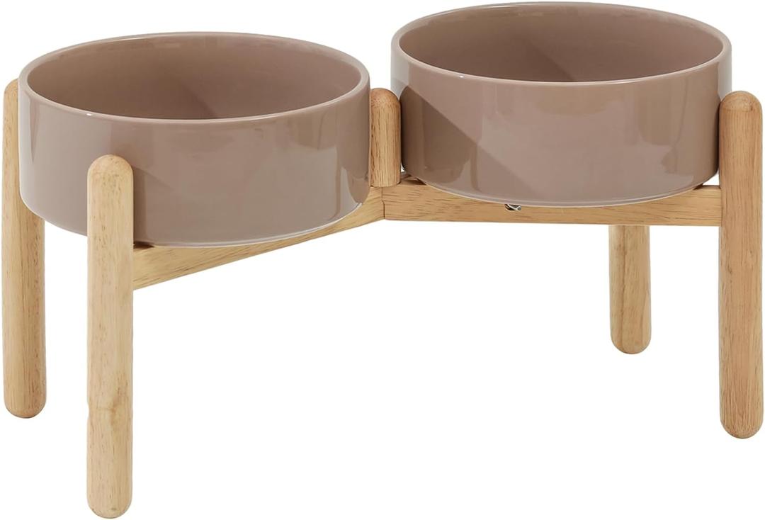 Havniva Ceramic Raised Dog Bowl with Stand for Medium and Large Breed Dog Dish Pet Food and Water Bowl (Double Bowl with Stand - Brown Coffee, 8" D)