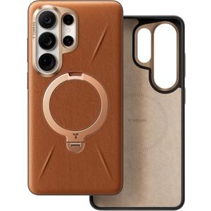TORRAS Ostand Q3 VegSkin for Samsung Galaxy S26 Ultra Case Leather, 360 Magnetic Stand, Fit for MagSafe, Premium Vegan Leather Case for S26 Ultra Case, Microfiber Lining, Amber Brown
