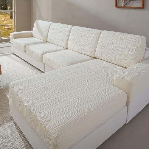QIANMEW Couch Cushion Covers, Super Stretch Washable Sofa Slipcovers for L Shaped & Modular Seats, Pet-Friendly Furniture Protector with Stripe Design, 4 Pack Chaise XXL