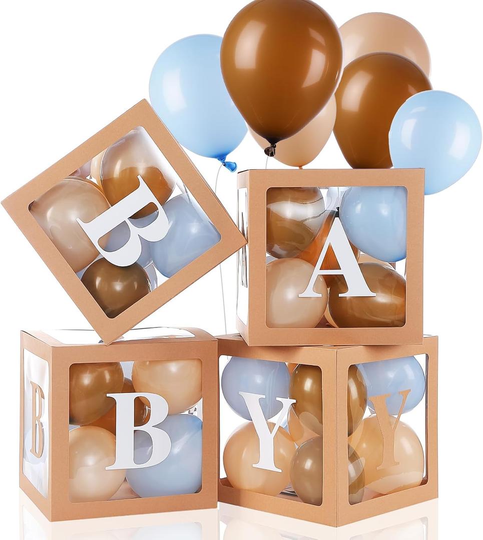Zhanmai Baby Boxes for Bear Baby Shower Decoration with 4 Letters 36 Balloons 4pcs Transparent Clear Balloon Box Blocks for Boy Girl Balloon Boxes Gender Reveal Party Favors (Brown, Apricot, Blue)