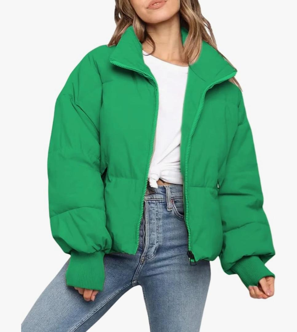 UANEO Puffer Jacket Womens Oversized Cropped Puffy Quilted Winter Jackets Coat Size Small, Green , Emerald 