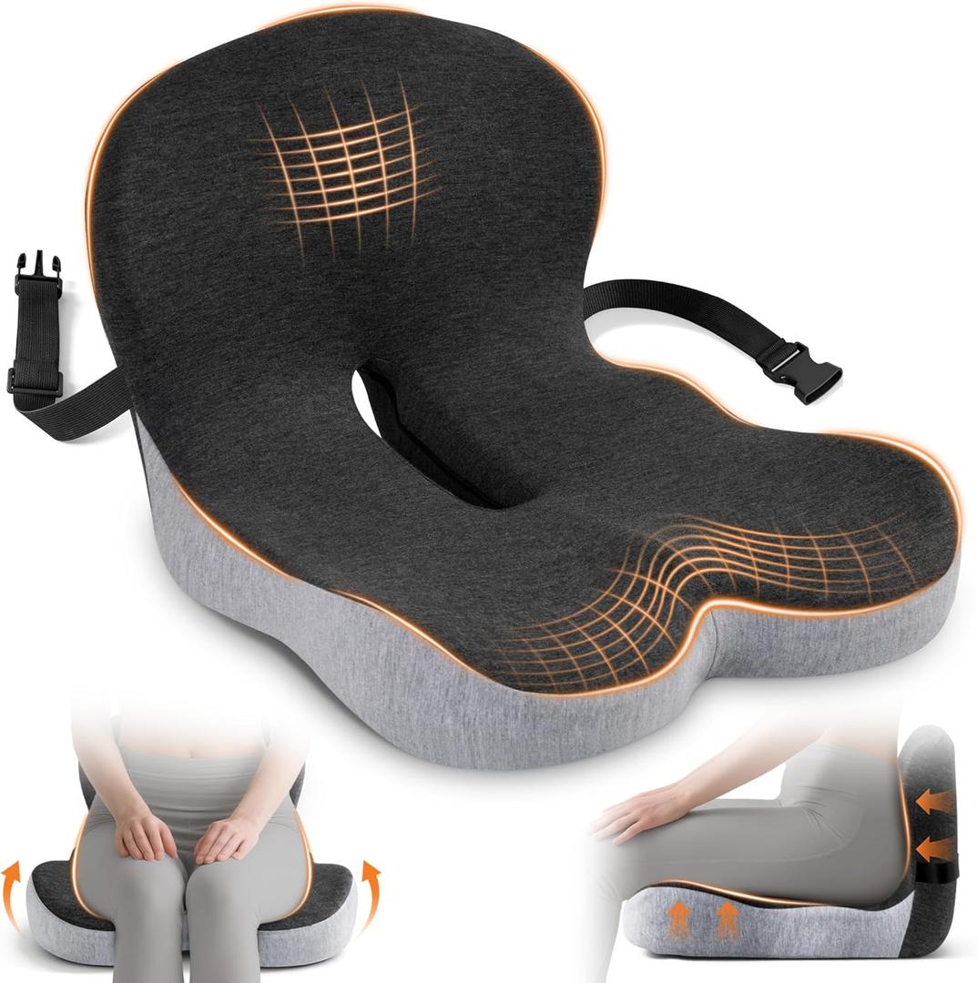 Seat Cushion, Office Chair Cushions for Tailbone Relief, Seat Cushions for Office Chair with L-Shaped Ergonomic Design & Adjustable Strap, Memory Foam Chair Cushion for Long Sitting Worker(Black Gray)