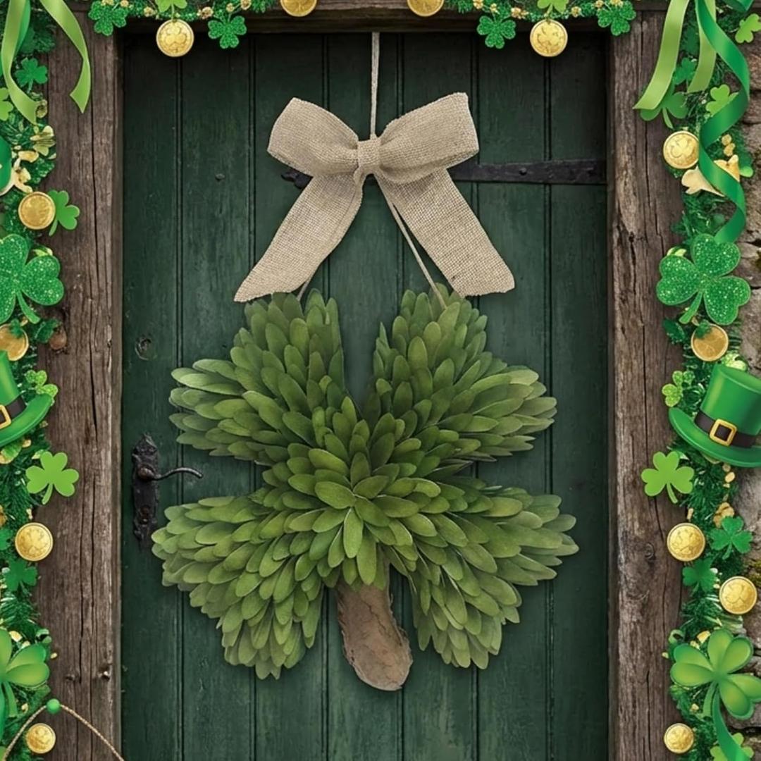 Dingion 15 Inch St. Patrick's Day Decorations St Patricks Day Shamrock Wreath for Front Door Lucky Green Shamrock Wreath Door Swag for Fireplace Mantel Walls Irish Hanging Sign Party Supply
