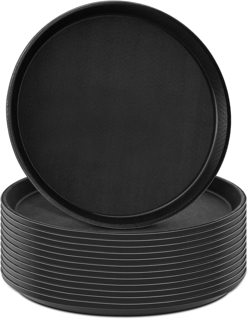 Thyle 12 Pcs Round Serving Tray 11 Inch Non Slip Lined Surface Server Waitress Food Service Trays Anti Skid Plastic Circle Black Round Dish for Coffee Restaurant Bar Parties