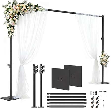 Square Backdrop Stand 6.5x10ft, Heavy-Duty Pipe Drape with Flat Metal Base
Adjustable Photography Background Support, Aluminum Poles Stand Kit for Weddings, Parties, Video Studio, Birthday, Black