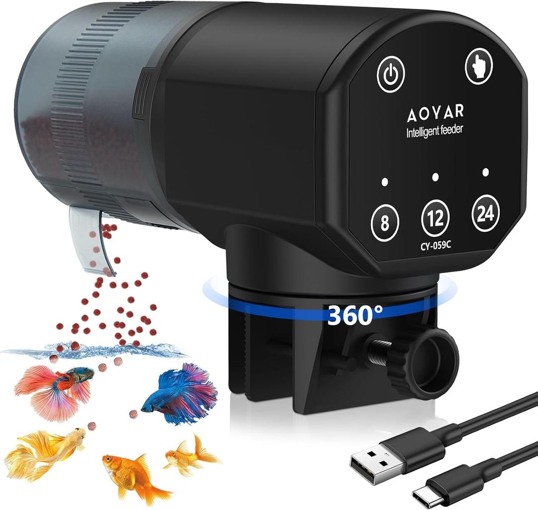 Aoyar Automatic Fish Feeder for Aquarium: Rechargeable Fish Feeder Dispenser,MoistureProof & 200ML Large Capacity Betta Turtle Vacation Feeder,Auto Fish Food Dispenser Timer for Weekends/Business