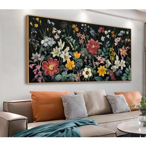 tigeridge Botanical Framed Wall Art - Colorful Flowers Bouquet Canvas Pictures Wall Decor Wildflowers Plants Painting Artwork Blooming Floral Prints for Living Room Decor 58 x 29in, Natural Wood Frame
