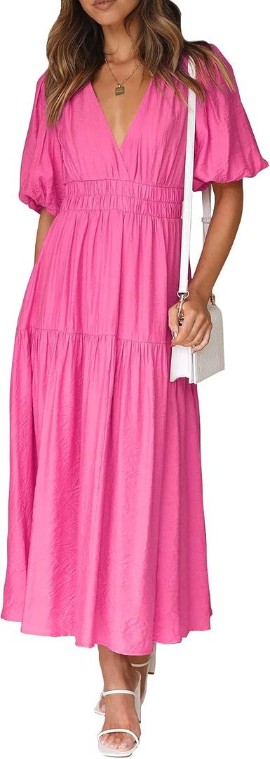 Lucrosun Women's Summer V Neck Short Puff Sleeve A Line Tiered Midi Dress, (Roses, S)