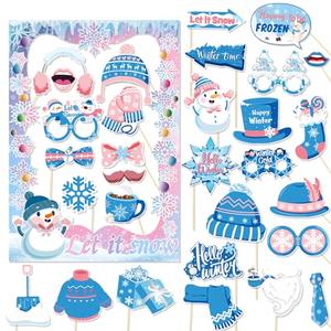 Qpout Winter Photo Booth Props With Frame, Blue Pink Snowflake Frozen Party Decorations for Holiday Selfie Pictures, Wonderland Party Favors Supplies