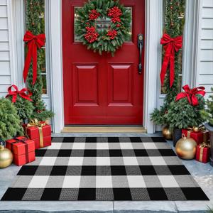KOZYFLY Buffalo Plaid Area Rugs 27.5x43 Inches Black and White Checkered Rug Washable Front Door Mat Hand Woven Cotton Outdoor Rug Small Rug for Front Porch Kitchen Entryway Patio Bathroom
