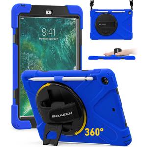 BRAECN for iPad 6th Generation Case 9.7 inch with Pencil Holder, Shockproof Dropproof Protective Rugged Case with Built-in Hand Strap, Kickstand and Detachable Shoulder Strap for iPad 5th Gen-Blue