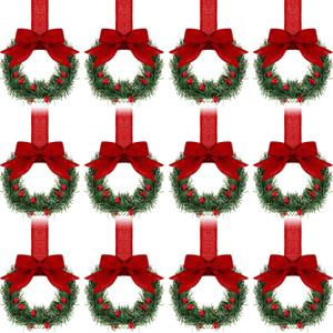 Retrowavy 12 Pcs Christmas Kitchen Cabinet Wreaths with Ribbon 3.94 Inch Mini Christmas Wreath Small Kitchen Xmas Decor for Window Door (Red,Classic Style)