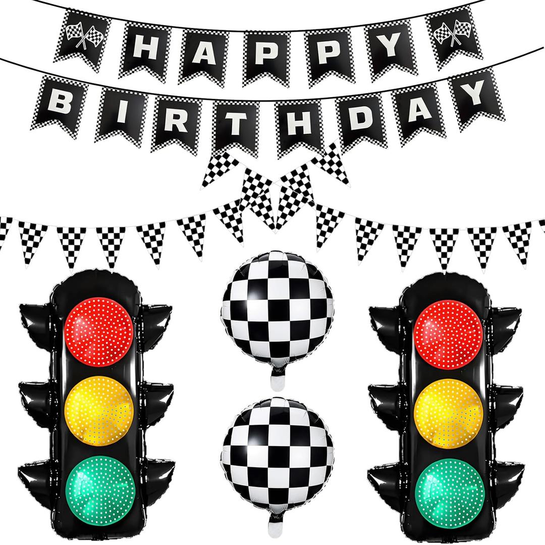 Race Car Birthday Party Decorations with Traffic Light Balloons,Automobile Party Decor for Kids Include Transportation Light Balloons Happy Birthday Banner Checkered Pennant Banner Checkered Balloon
