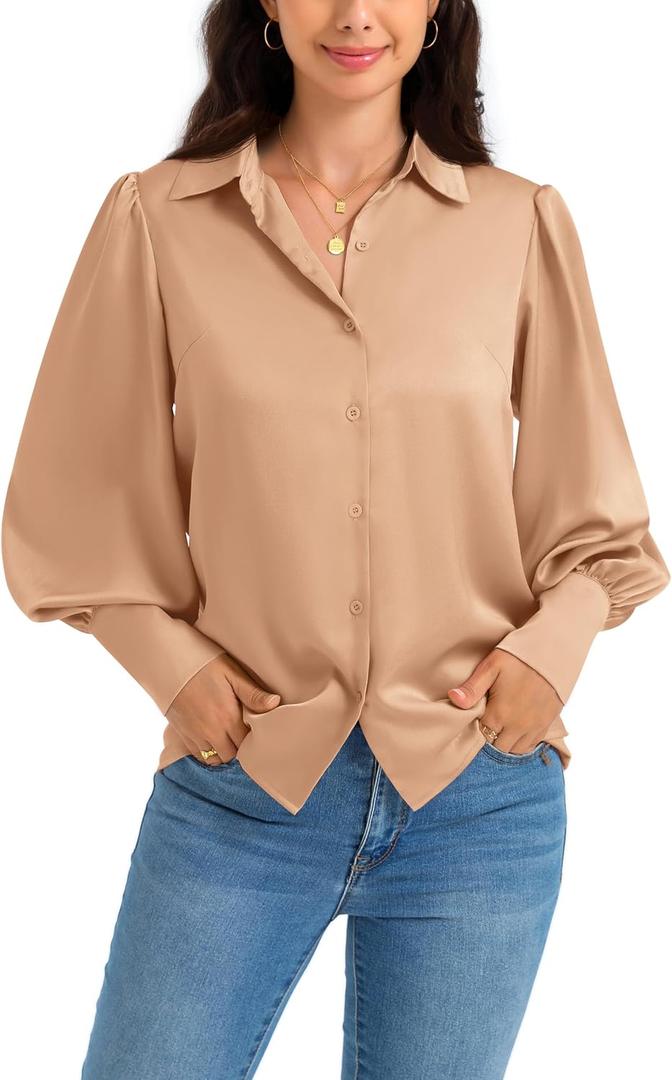 Women Satin Button Down Shirts Lantern Long Sleeve Silk Blouses Office Casual Business Silk Tops (X-Large, Khaki)