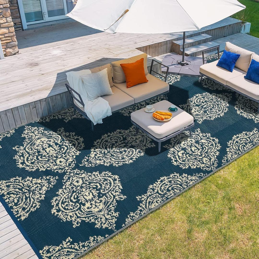 wikiwiki Outdoor Rug, 5x8ft Waterproof Reversible Mat Indoor Outdoor Rugs Carpet, Small Area Rug Plastic Straw Rug for Patio Deck Balcony Pool RV Camping Beach Picnic, Blue & Beige, Rugscape Series
