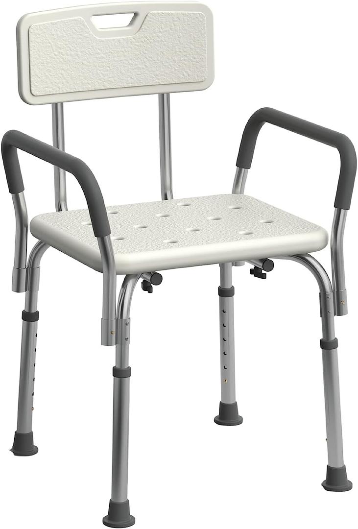 Medline Shower Chair for Inside Shower, Heavy Duty, 350 lb Capacity, Adjustable Height, Non-Slip Seat with Padded Armrests & Back, White