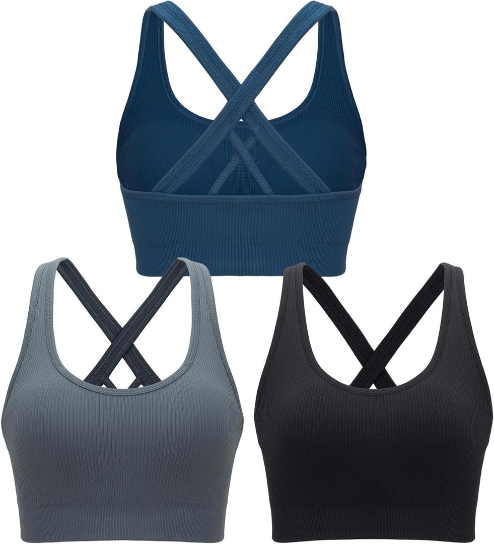 RUNNING GIRL Sports Bra for Women High Support, Criss-Cross Back Padded Strappy Sports Bras Yoga Bra with Removable Cups (Small, 1-Black+Grey+Dark Blue)
