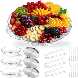 3 Set Chilled Serving Tray for Parties with Compartments, 11.8" Ice Chilled Party Platter, Ice Serving Board with 3 Tongs 10 Forks, Cold Dish Dip for Fruit,Veggies, Appetizer, Shrimp Cocktail