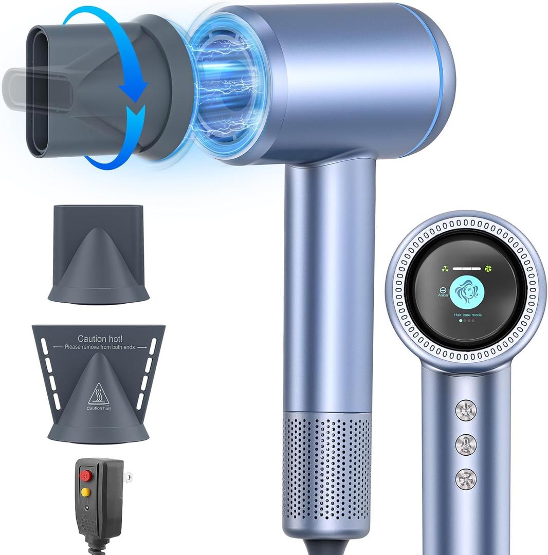 AOMEES Hair Dryer, 1600W Professional High Speed Ionic Hair Dryer with HD Display, 4 Temperature Modes and 3 Speed with Memory Function, Sky Blue, Metal