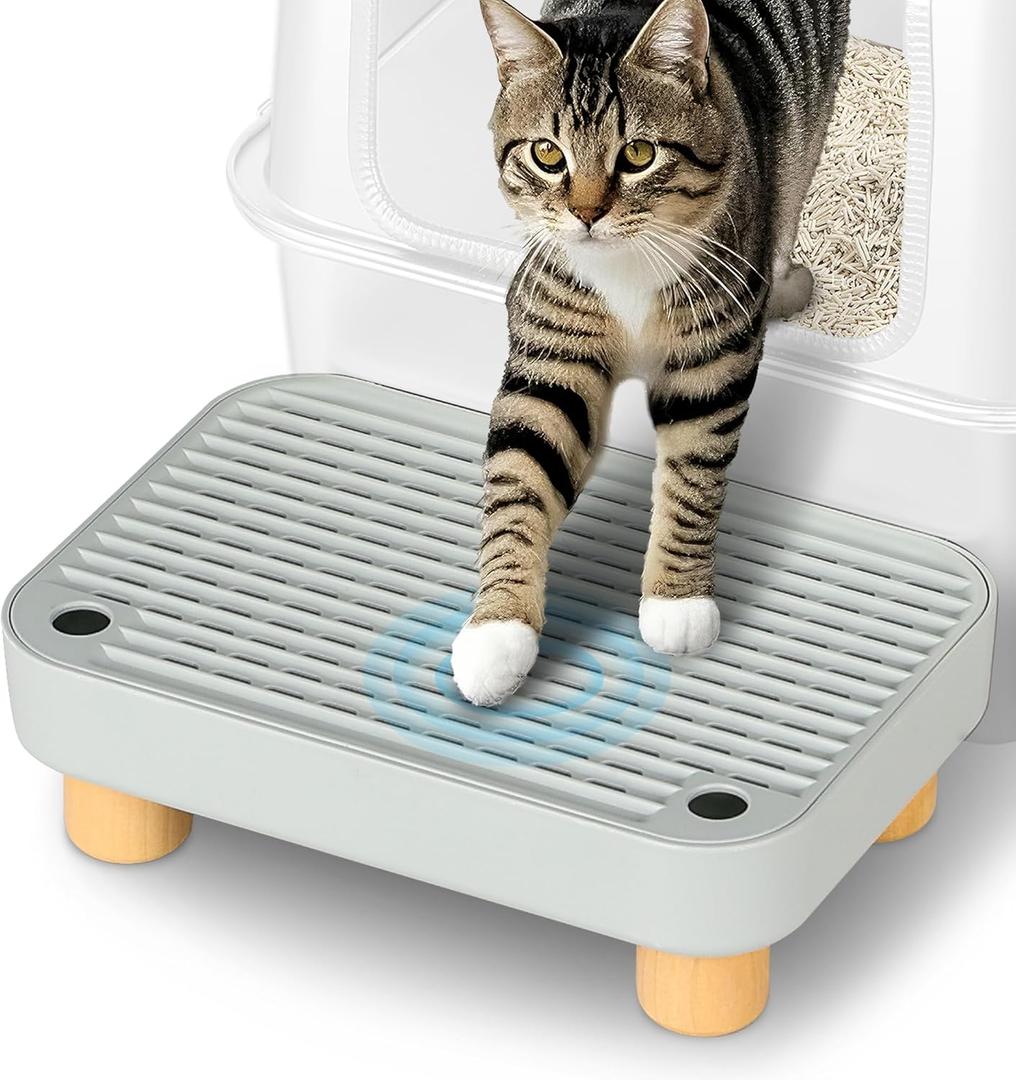 Litter Box Step, Litter Box Ramp/Catcher with Wooden Base, Anti-Tracking & Easy to Clean, Ideal for Small & Elderly Cats (Light Gray)