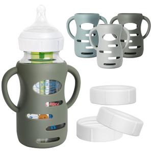 3 Pack Silicone Sleeves for Dr Brown Wide-Neck Glass Baby Bottles, Food GradeAnti Breakage Baby Bottle Holder with Handles and 3pcs Travel Bottle Caps, 9oz (1 Count (Pack of 6), Dark Green+Dark Blue+Grey)