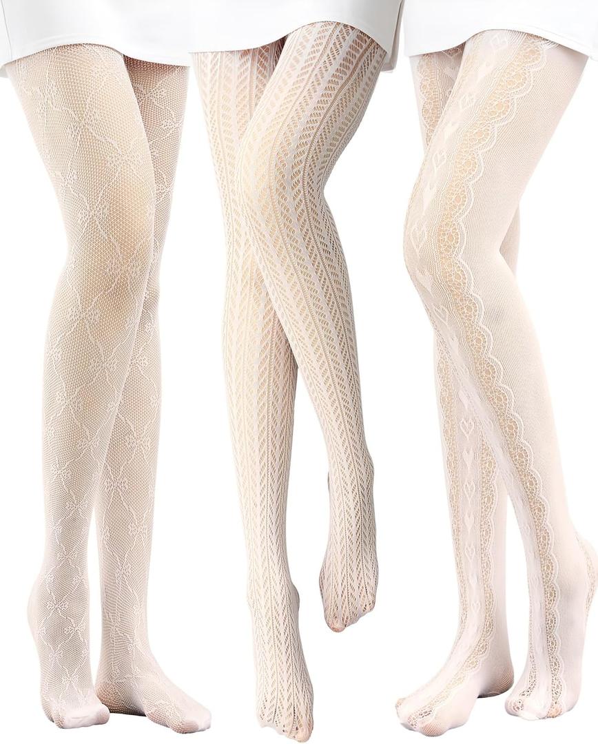 JaGely 1/2/3 Pair White Lace Tights for Women White Fishnet Hollow out Knitted Tights Lolita Stockings Lace Strips Pantyhose (One Size, Modern Style)