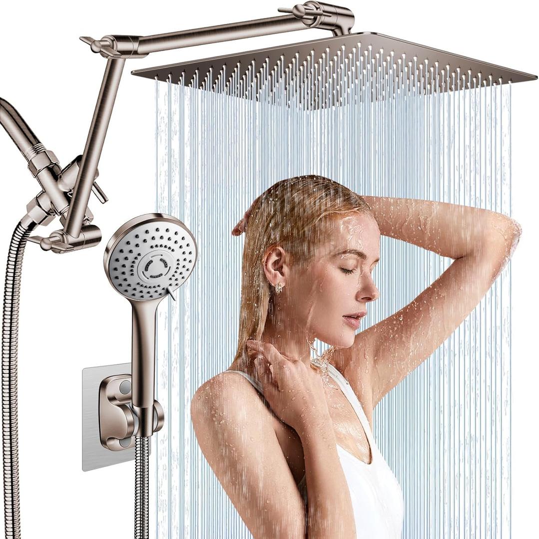 12'' Rain Shower Head Combo, High Pressure Rainfall Shower Head with 16'' Flexible Height/Angle Adjustable Extension Arm, 5 Setting Spray Hand held Shower Head, Nickel