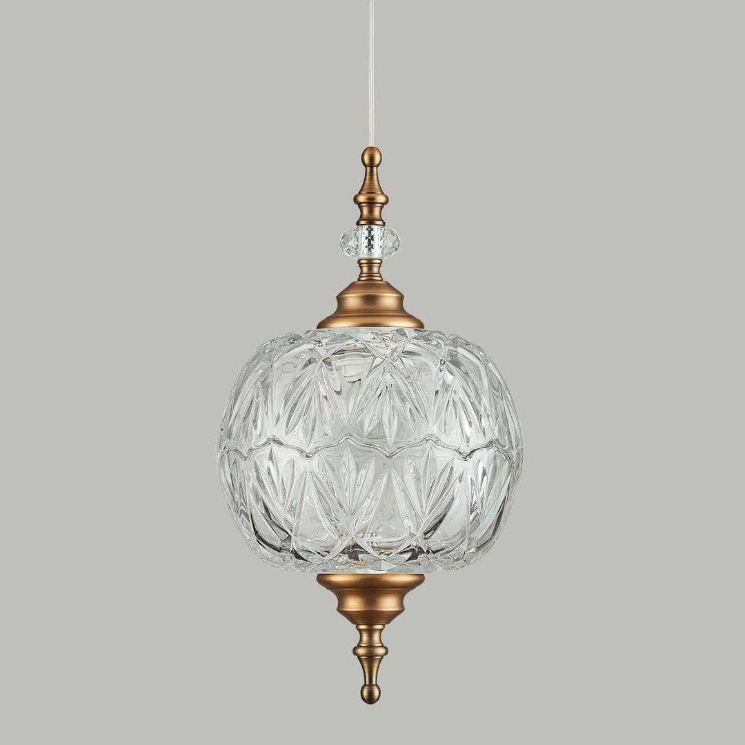 Modern Brass Pendant Light Antique Delicate Decorative Pattern Glass Ceiling Pendant Lighting Fixtures for Kitchen Island Bedroom Dinning Room with Original Design, Hardwired 8.3 inch