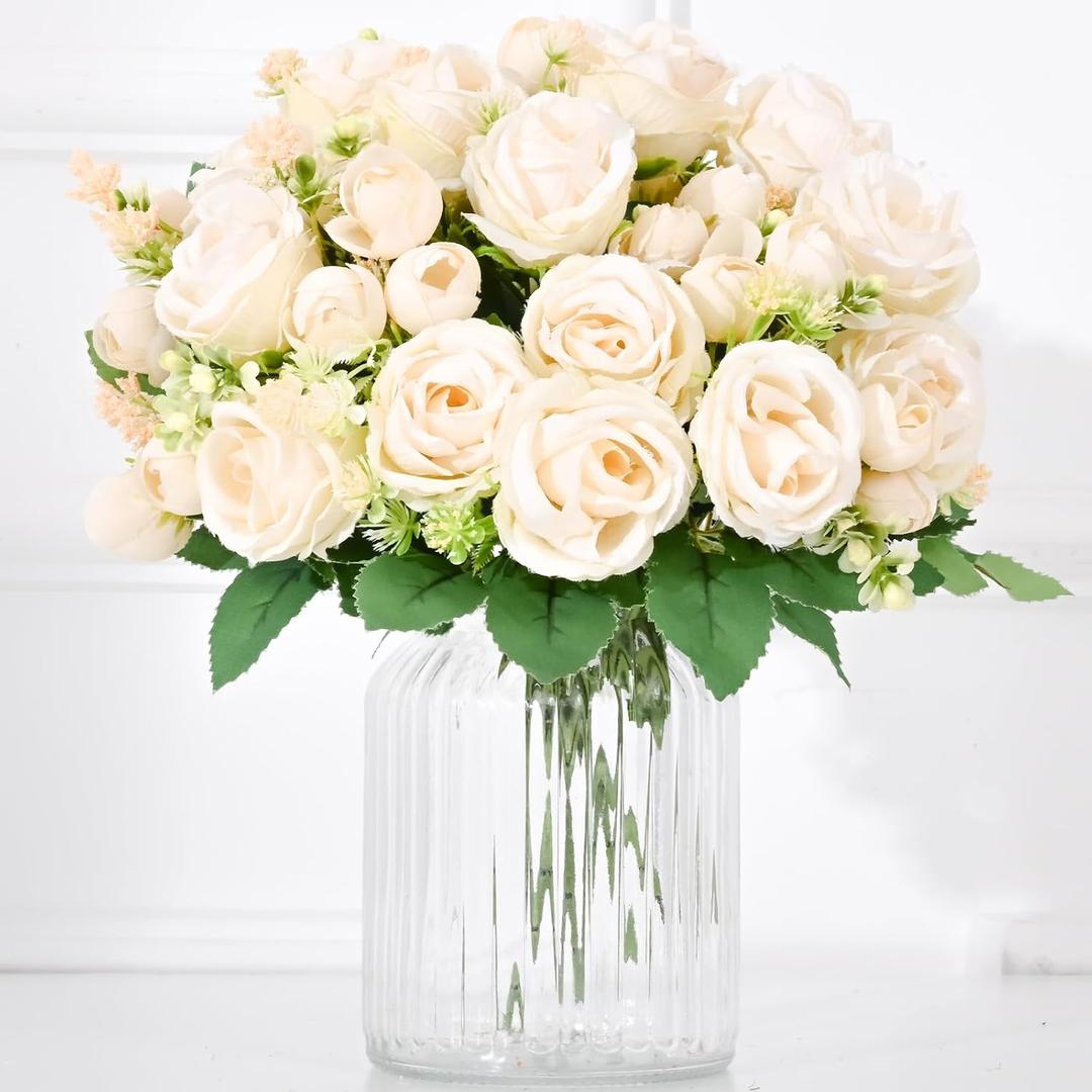 Fake Roses Artificial Flowers, 10 Pack Rose Fake Flowers for Decoration, Real Touch Champagne Roses Bouquets Silk Flowers for Vase Centerpiece Table Wedding Party Bridal DIY Decor