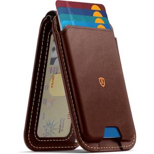 SHIELDON Genuine Leather Strong Magnetic Wallet for MagSafe, Phone Wallet Stand for Men Women, 6 Card Holders, Angle Adjustment, RFID Blocking, Compatible with iPhone 17/16/15/14/13/12 Series - Coffee