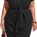 Pinup Fashion Plus Size Dresses for Women Wedding Guest Short Sleeve Tie Front Waist Belted Pencil Work Knee Dress (Black), 20 Plus