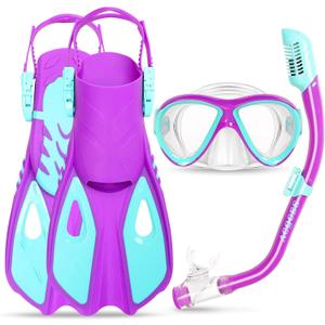 Snorkeling Gear for Kids Ages 5-15, 4 in 1 Mask Fins Snorkel Set with HD Tempered Glass Panoramic View Anti-Fog Mask, Dry Top Snorkel, Adjustable Trek Fins, and Mesh Bag, Kids Snorkel Set for Youth (Purple,LightBlue)