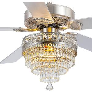 Asyko Crystal Ceiling Fan Fandelier with Lights and Remote Control52" Modern Chandelier Ceiling Fans with Reversible Blades, Silent MotorFandelier Ceiling Fan with Light Chrome (Silver-52IN)