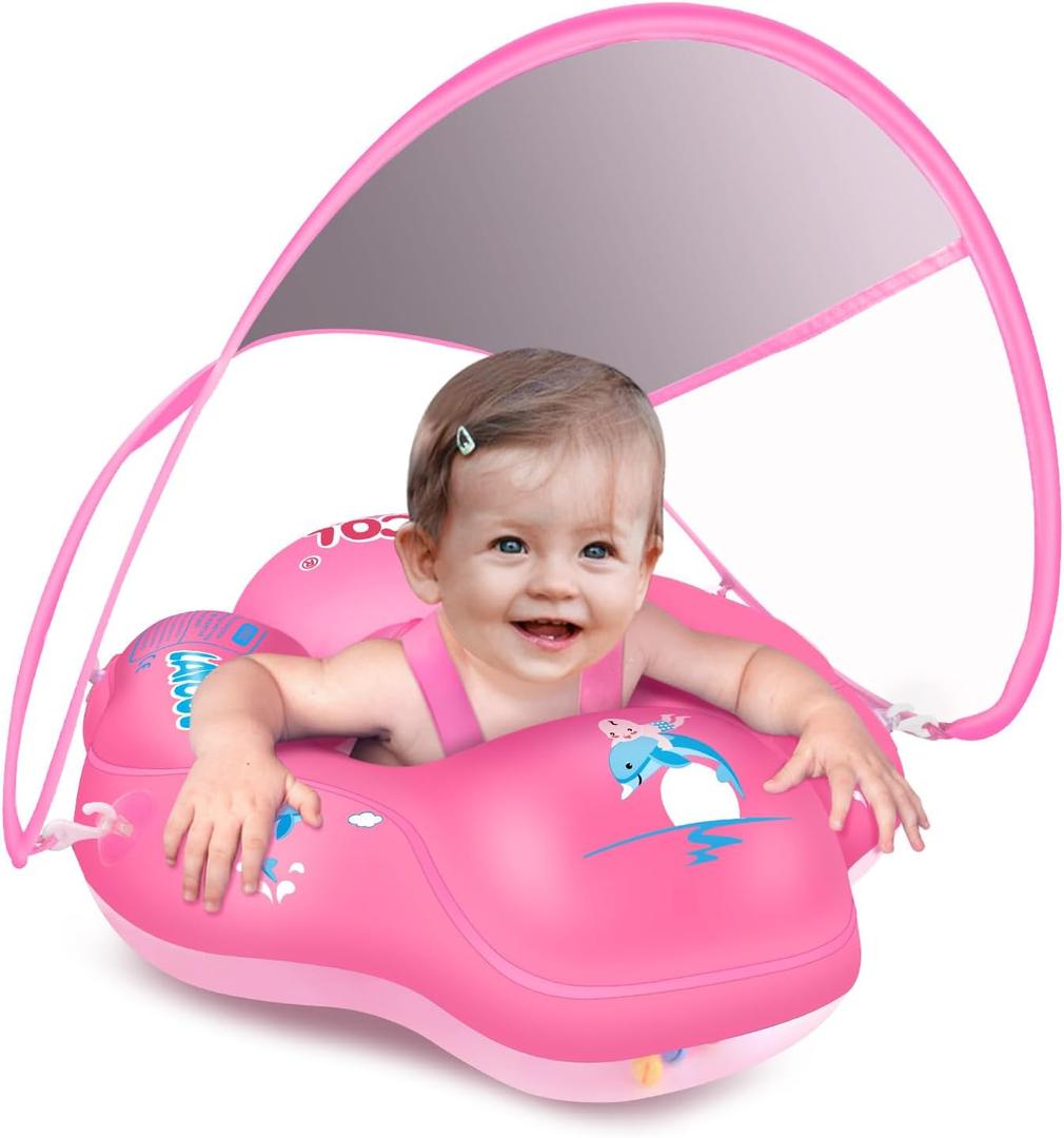 LAYCOL Baby Pool Float with Canopy UPF50+, 5 Point Safety Buckle No Flip Over, Inflatable Toddler Floaties Infant Pool Floats with Double Air Chambers, Baby Beach Essentials/Traval for 3-36M, Pink, Large