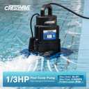CrestWave 1/3 HP Automatic Pool Cover Pump, 3100GPH Auto On/Off Sump Pump with Weighted Anti-Tip Base & Clog-Resistant Dual Filter, 3/4'' GHT Adapters, 25ft UL Cord & Rope for Pool, Hot Tub, Basement