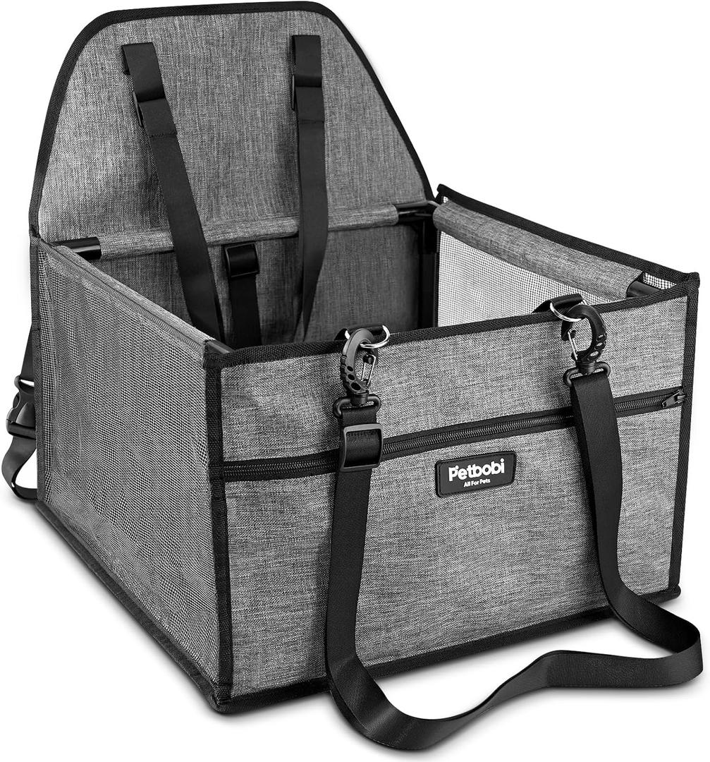 Petbobi Dog Car Seat - Puppy Car Seat for Small Dogs and Cats up to 20 lbs - Pet Car Seats with PVC Frame & Cationic Fabric - Perfect for Safe and Cozy Travel - Breathable Mesh, Storage Bag - Grey